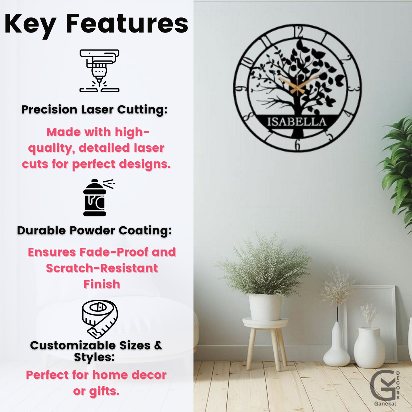 Customized Name and Tree Metal Analog Wall Clock