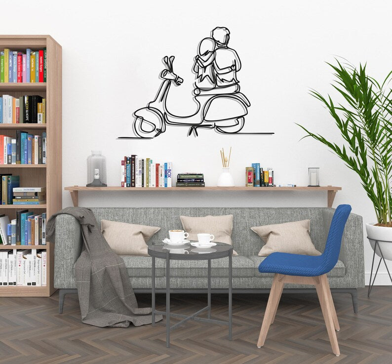 Romantic Couple On Bike Metal Wall Hanging Silhouette