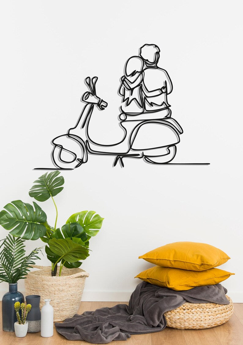 Romantic Couple On Bike Metal Wall Hanging Silhouette
