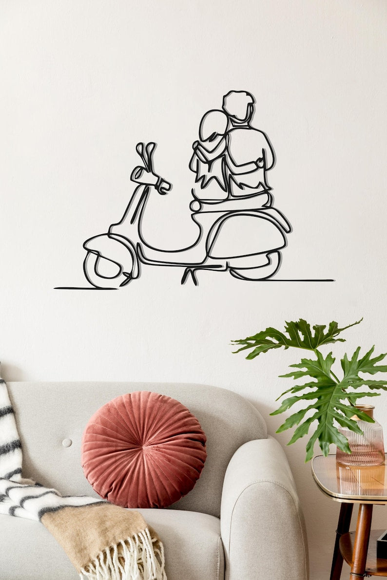 Romantic Couple On Bike Metal Wall Hanging Silhouette