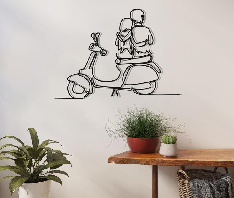 Romantic Couple On Bike Metal Wall Hanging Silhouette