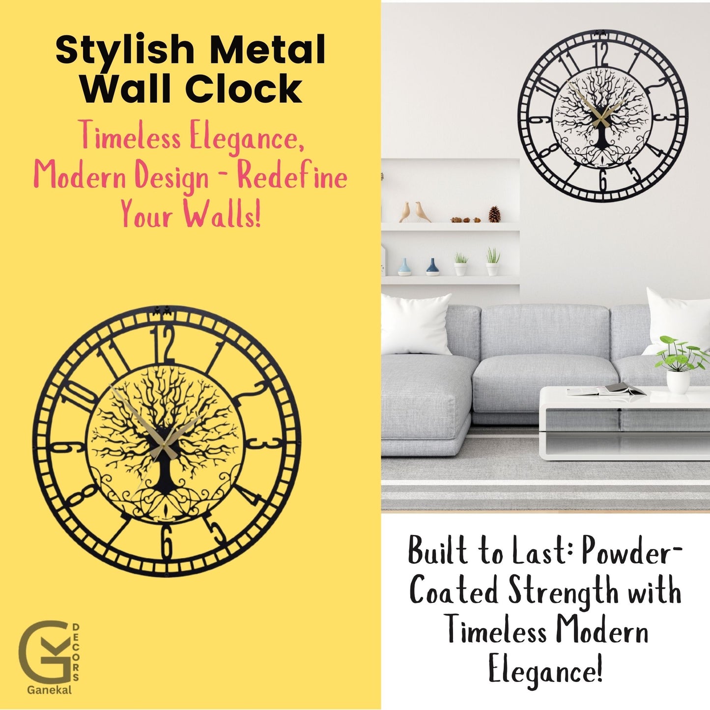 Elegant Tree & Big Numbers Metal Silent Wall Clock