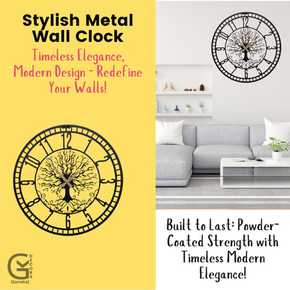 Elegant Tree & Big Numbers Metal Silent Wall Clock