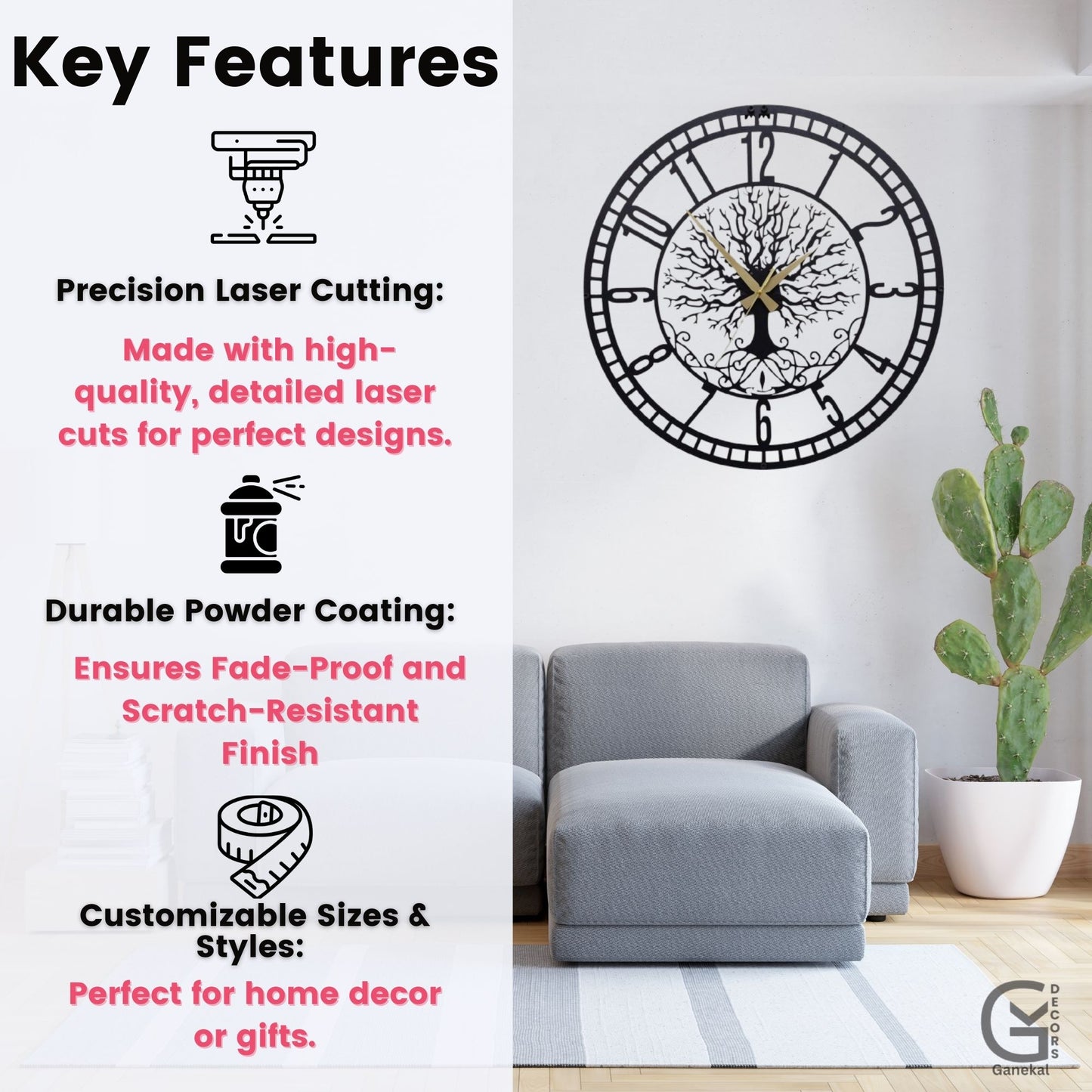 Elegant Tree & Big Numbers Metal Silent Wall Clock