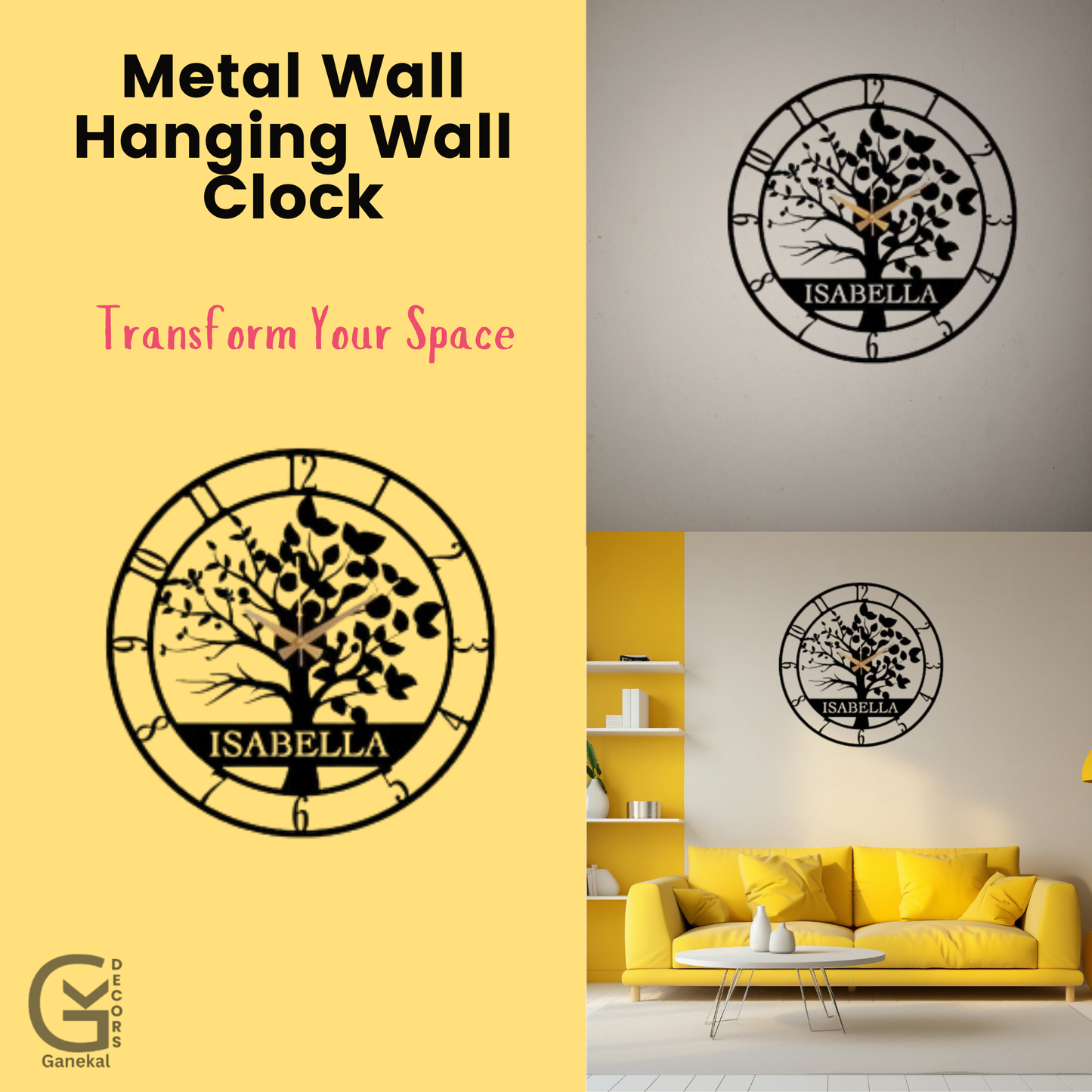 Customized Name and Tree Metal Analog Wall Clock