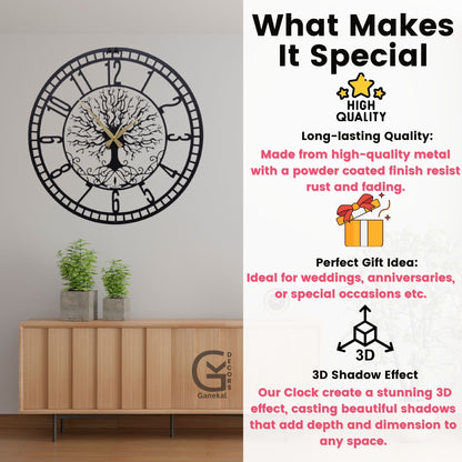 Elegant Tree & Big Numbers Metal Silent Wall Clock