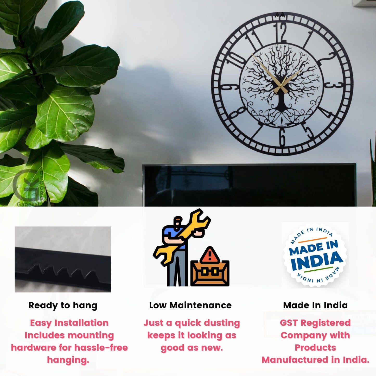 Elegant Tree & Big Numbers Metal Silent Wall Clock