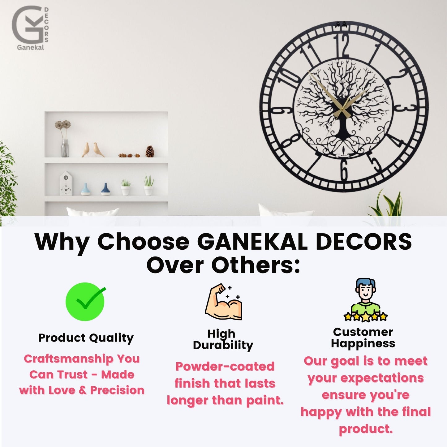Elegant Tree & Big Numbers Metal Silent Wall Clock