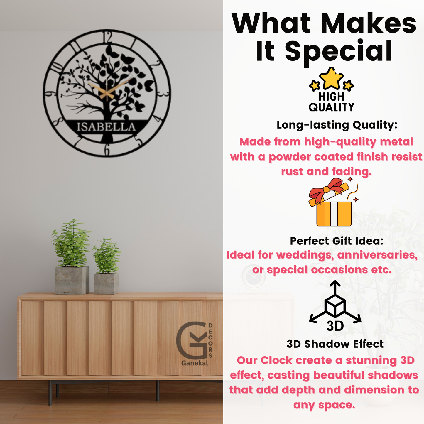 Customized Name and Tree Metal Analog Wall Clock